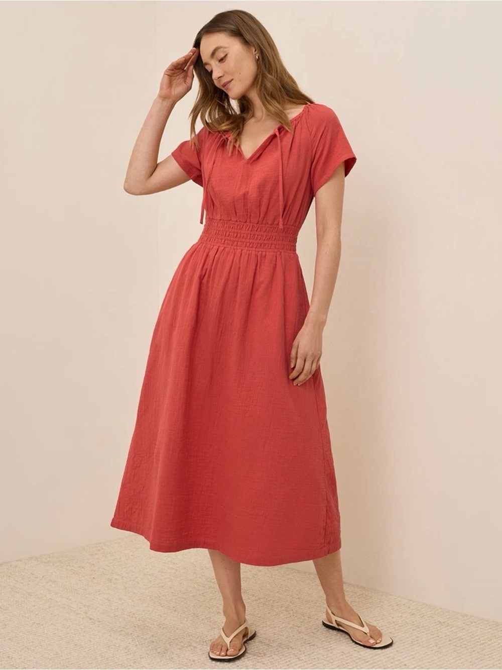 Pact Coral Midi Dress with Smocked Waist
